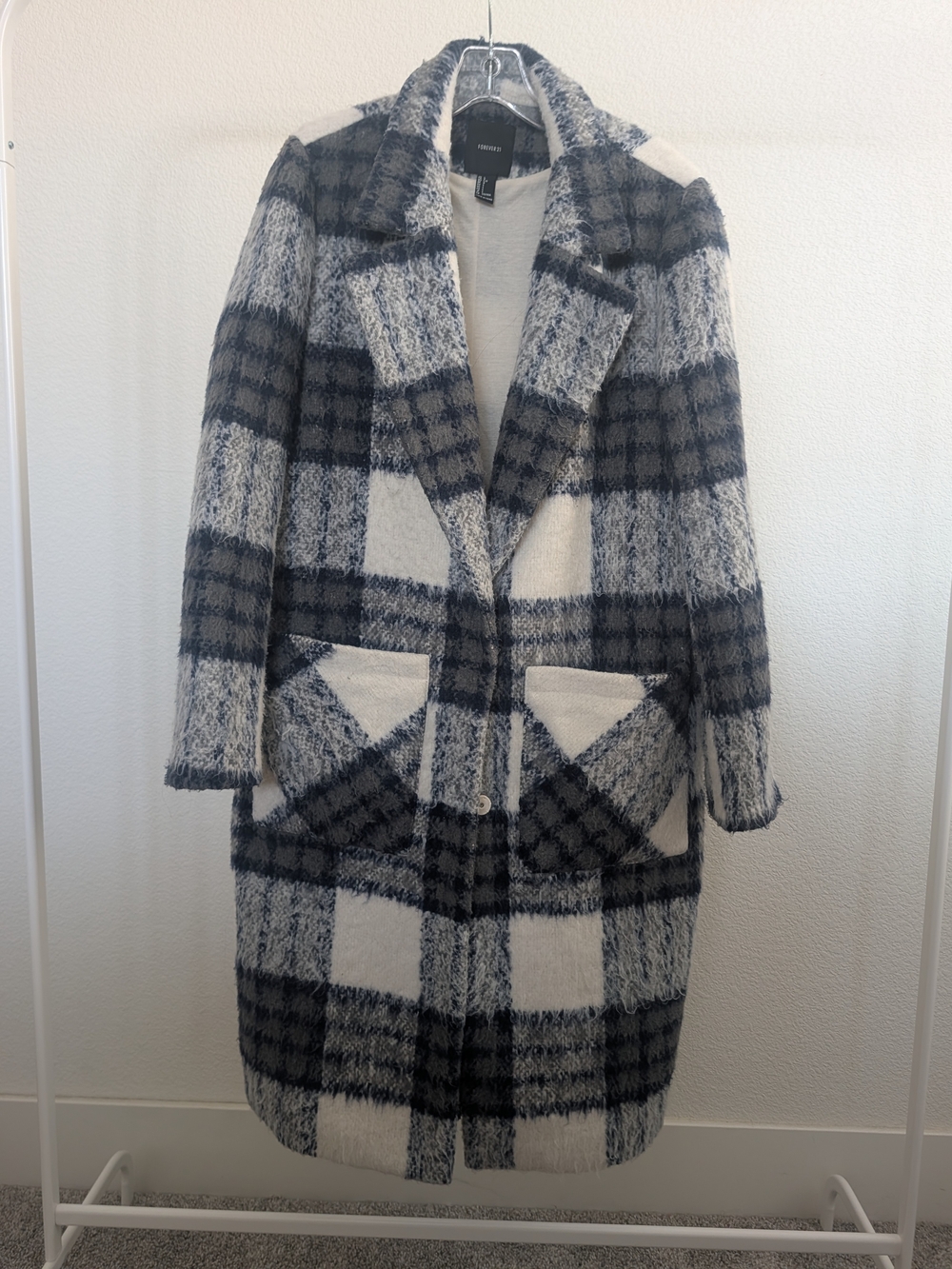 Forever 21 Cream Blue & Gray Plaid Single Breast Boucle Coat